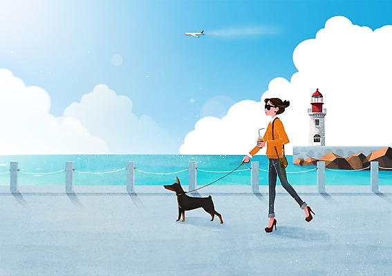 주간 전신 PSD 구름 한마리 우먼라이프 라이프스타일 여자 바다 백그라운드 일러스트 하늘 등대 한명 사람 성인 취미 해변 야외 반려동물 걷기 항구 산책 강아지 목줄 여자만 여자한명만 성인여자만 성인만 국내일러스트 자연요소 동물 1 교통시설 모션 휴식 생활 개 파일형식 반려용품