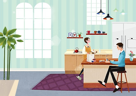 PSD 우먼라이프 라이프스타일 커플 여자 남자 화분 음식 백그라운드 의자 일러스트 창문 집안 조명 선반 실내 요리 사람 성인 두명 주방 카펫 아침식사 조리대 식사준비 성인만 국내일러스트 가구 관계 내부 생활 식사 준비 파일형식