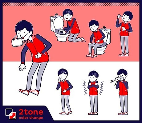 EPS 해외이미지 전신 남자 일러스트 건강 마스크 앉기 여러명 성인 빨간색 세트 약 추위 먹기 종업원 변기 판매원 구토 기침 오한 재채기 성인남자만 해외202004 해외일러스트 직업 컬러 다수 의학 모션 사람 증상 남자만 성인만 파일형식 벡터 이미지허브