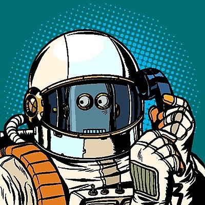 EPS 해외이미지 일러스트 비즈니스 들기 상반신 우주비행사 로봇 수화기 팝아트 우주복 통화 카툰스타일 해외202004 해외일러스트 옷 모션 우주 전화기 그림 파일형식 벡터 이미지허브