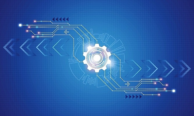 EPS 해외이미지 디자인 화살표 컨셉 일러스트 추상 미래 사람없음 그래픽 파란색 디지털 톱니바퀴 해외202004 해외일러스트 컬러 무늬 파일형식 벡터 이미지허브