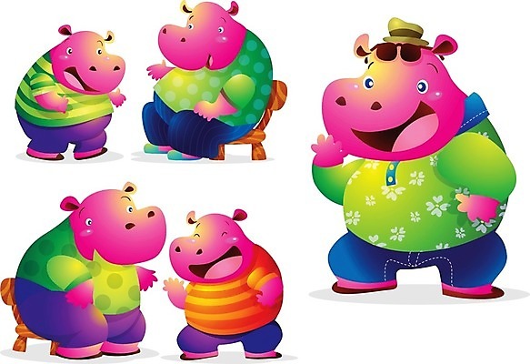 EPS 해외이미지 캐릭터 행복 분홍색 티셔츠 일러스트 모션 서기 사람없음 초록색 하마 해외202004 해외일러스트 일러캐릭터 감정 컬러 셔츠 포유류 파일형식 벡터 이미지허브