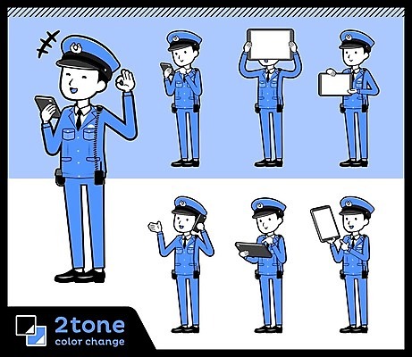 EPS 해외이미지 전신 남자 일러스트 아이디어 서기 들기 여러명 성인 파란색 스마트폰 세트 태블릿 경찰 통화 보여주기 성인남자만 해외202004 해외일러스트 직업 컬러 다수 컨셉 모션 사람 전자제품 핸드폰 스마트기기 남자만 성인만 파일형식 벡터 이미지허브