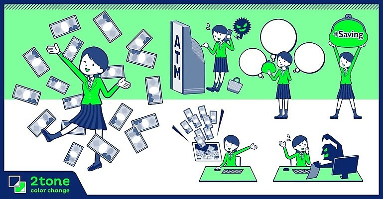 EPS 해외이미지 전신 여학생 여자 교복 지폐 돈 생각 일러스트 청소년 여러명 초록색 금융 경제 세트 속임수 범죄 지갑 선택 책상 ATM 보이스피싱 십대여자만 해외202004 해외일러스트 학생 옷 컬러 가구 다수 컨셉 사람 재산 피싱 여자만 십대만 파일형식 벡터 이미지허브