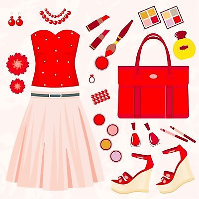 EPS 해외이미지 디자인 옷 여자 백그라운드 신발 가방 일러스트 목걸이 미술 그래픽 빨간색 세트 치마 유행 귀걸이 화장품 반지 우아함 정상 저녁 샌들 수집 심볼 향수 오브젝트 그림 매니큐어 브로치 엘리먼트 스타일 해외202004 해외일러스트 잡화 컬러 컨셉 장신구 하의 문화예술 사람 뷰티 야간 파일형식 벡터 이미지허브