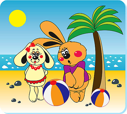 EPS 해외이미지 클립아트 동물 모래 파도 바다 여행 일러스트 공 자연 하늘 휴가 휴식 항해 야외 물 여름 파란색 태양 토끼 뜨거움 만화 그림 해외202004 해외일러스트 자연요소 계절 컬러 컨셉 배_교통 포유류 반려동물 생태계 파일형식 벡터 이미지허브