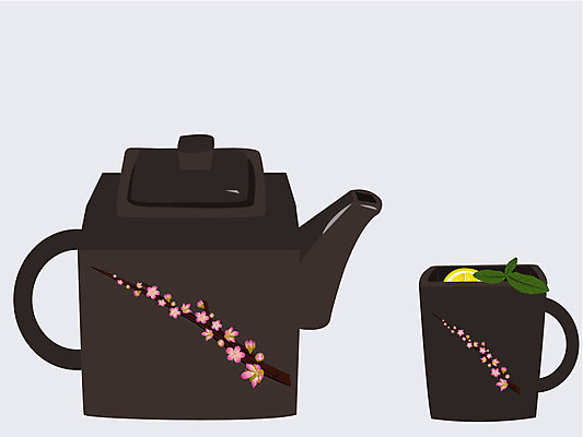 EPS 해외이미지 꽃 음료 꽃무늬 과일 일러스트 건강 컵 스파 벚꽃 나뭇가지 도자기 차 찻주전자 레몬 민트 허브 복숭아 해외202004 해외일러스트 나무 식물 식기 무늬 주전자 파일형식 벡터 이미지허브