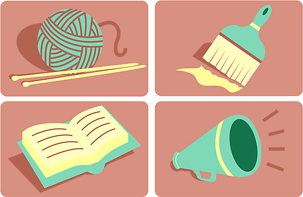 EPS 해외이미지 포즈 일러스트 통신 책 독서 확성기 페인트 기록 뜨개질 페인트붓 해외202004 해외일러스트 취미 붓 파일형식 벡터 이미지허브