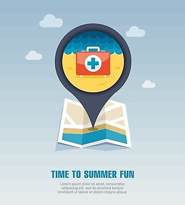 EPS 해외이미지 구름 지도 일러스트 해변 사람없음 여름휴가 바캉스 도움 구급상자 위치 해외202004 해외일러스트 자연요소 바다 컨셉 휴가 의료용품 파일형식 벡터 여름_계절 이미지허브