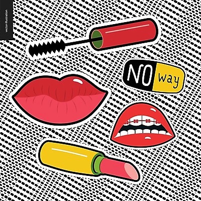 EPS 해외이미지 스티커 일러스트 사람없음 빨간색 세트 검은색 립스틱 입술 마스카라 해외202004 해외일러스트 컬러 신체부위 화장품 파일형식 벡터 이미지허브