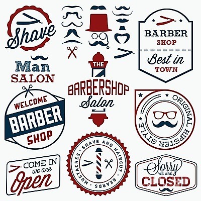 EPS 해외이미지 스티커 일러스트 사람없음 빨간색 파란색 세트 라벨 머리빗 빈티지 콧수염 이발소 해외202004 해외일러스트 컬러 컨셉 수염 프레임 미용용품 뷰티샵 파일형식 벡터 이미지허브