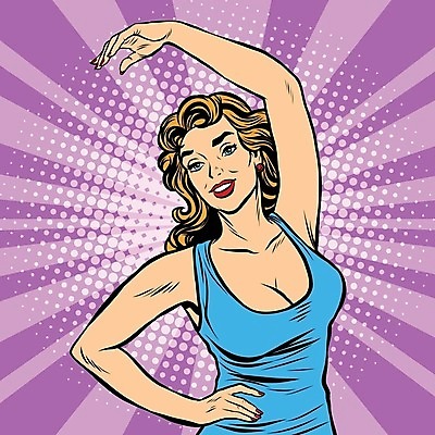 EPS 해외이미지 여자 허리손 일러스트 한명 상반신 성인 스트레칭 복고 팝아트 카툰스타일 성인여자한명만 해외202004 하프톤 해외일러스트 1 컬러 포즈 사람 운동 그림 여자한명만 성인여자만 파일형식 벡터 이미지허브
