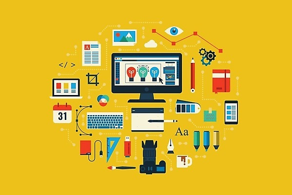 EPS 해외이미지 디자인 일러스트 사람없음 그래픽 컴퓨터 세트 태블릿 연필 노란색 카메라 모니터 다이어리 달력 키보드 디자이너 USB 그래픽디자이너 해외202004 해외일러스트 직업 컬러 학용품 전자제품 스마트기기 필기구 사무용품 파일형식 벡터 이미지허브