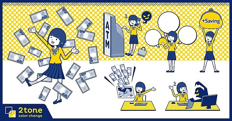 EPS 해외이미지 전신 여학생 여자 교복 지폐 돈 생각 일러스트 청소년 여러명 금융 경제 파란색 세트 노란색 속임수 범죄 지갑 선택 책상 ATM 보이스피싱 십대여자만 해외202004 해외일러스트 학생 옷 컬러 가구 다수 컨셉 사람 재산 피싱 여자만 십대만 파일형식 벡터 이미지허브