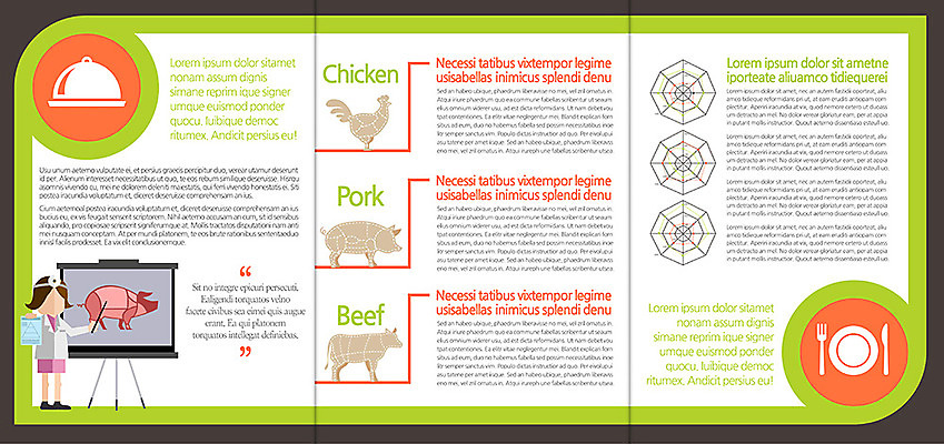 동물 템플릿 편집 그릇 접시 표지디자인 북디자인 출판디자인 여자 교육 내지 리플렛 백그라운드 포크 북커버 3단접지 그래프 육류 돼지고기 설명 한명 서기 사람 팜플렛 닭고기 소고기 닭 돼지 소 나이프 지시봉 여자만 여자한명만 이미지템플릿 AI파일 1 식기 식재료 포유류 모션 조류 칼 파일형식 벡터