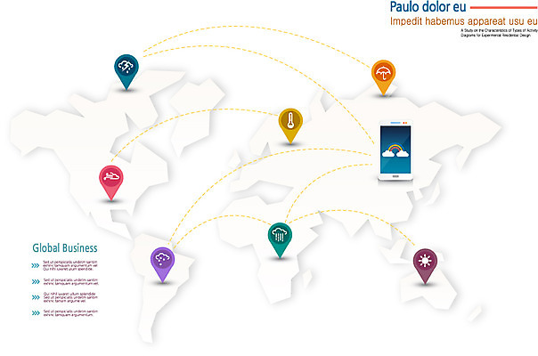 컬러 세계지도 일러스트 우산 비즈니스 통계 날씨 사람없음 스마트폰 컬러풀 글로벌 햇빛 자료 인포그래픽 눈 비 번개 국내일러스트 AI파일 자연요소 지도 핸드폰 스마트기기 세계 태양 파일형식 벡터