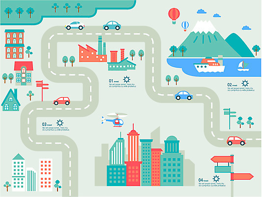 나무 식물 길 컬러 일러스트 공장 자동차 통계 산 사람없음 건물 빨간색 파란색 마을 자료 인포그래픽 도시 표지판 헬리콥터 길안내 국내일러스트 AI파일 건축물 육상교통 공업 비행기 안내 알림판 파일형식 벡터
