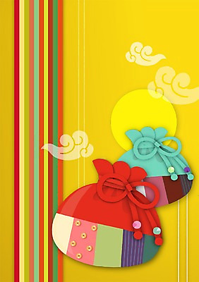 PSD 구름 전통 컬러 백그라운드 일러스트 새해 복주머니 사람없음 태양 노란색 국내일러스트 자연요소 전통소품 파일형식