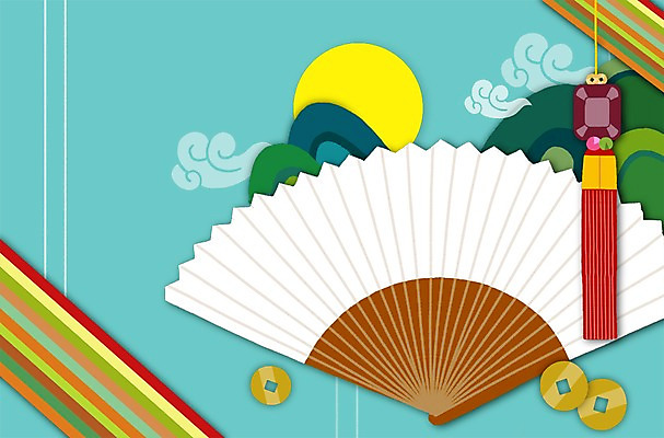 PSD 구름 전통 컬러 하늘색 백그라운드 일러스트 새해 산 사람없음 태양 부채 노리개 엽전 국내일러스트 자연요소 전통소품 파란색 동전 파일형식