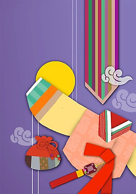 PSD 구름 전통 컬러 백그라운드 일러스트 새해 복주머니 사람없음 태양 보라색 한복 노리개 저고리 국내일러스트 자연요소 한국전통 전통소품 전통의상 파일형식