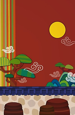 PSD 구름 전통 컬러 백그라운드 일러스트 새해 산 사람없음 담장 태양 갈색 소나무 항아리 국내일러스트 자연요소 나무 도자기 파일형식