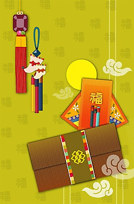 PSD 구름 전통 컬러 백그라운드 일러스트 새해 복주머니 사람없음 태양 노란색 노리개 신년카드 국내일러스트 자연요소 카드_감사 전통소품 파일형식