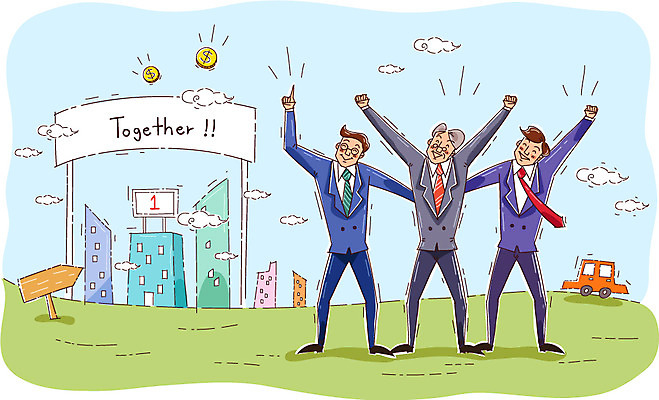 주간 남자 일러스트 회사 비즈니스 자동차 함께함 사람 정장 성인 야외 건물 세명 파이팅 직장인 비즈니스맨 상사 직원 남자만 성인남자만 성인만 국내일러스트 AI파일 자연요소 직업 건축물 옷 육상교통 컨셉 모션 파일형식 벡터