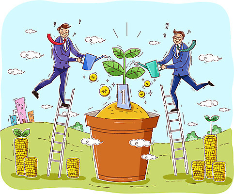 주간 식물 남자 화분 돈 일러스트 회사 비즈니스 사다리 사람 정장 성인 야외 두명 물뿌리개 성장 직장인 비즈니스맨 작업실 상사 직원 물주기 남자만 성인남자만 성인만 국내일러스트 AI파일 자연요소 직업 옷 모션 도구 재산 파일형식 벡터