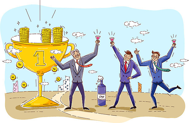 주간 남자 길 돈 일러스트 비즈니스 사람 정장 성인 야외 세명 우승 직장인 비즈니스맨 상사 트로피 직원 축배 남자만 성인남자만 성인만 국내일러스트 AI파일 자연요소 직업 옷 최고 재산 상_우승 파일형식 벡터