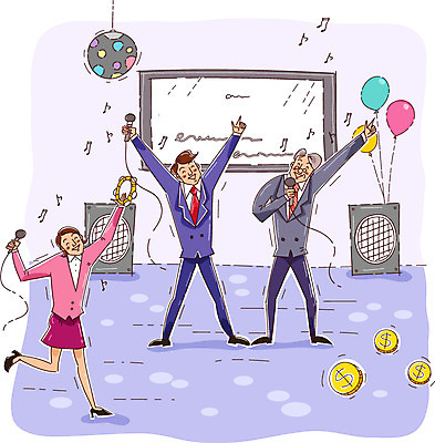 전신 여자 남자 일러스트 회사 비즈니스 노래 실내 서기 사람 정장 성인 세명 모니터 스피커 직장인 비즈니스맨 비즈니스우먼 상사 마이크 직원 풍선 노래방 회식 성인만 국내일러스트 AI파일 직업 옷 음악 음향기기 모션 내부 컴퓨터 식사 파일형식 벡터