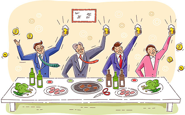 여자 남자 음식 일러스트 회사 비즈니스 탁자 맥주 실내 육류 사람 정장 여러명 성인 직장인 비즈니스맨 비즈니스우먼 상사 직원 건배 회식 성인만 국내일러스트 AI파일 직업 옷 가구 다수 식재료 주류 내부 식사 파일형식 벡터