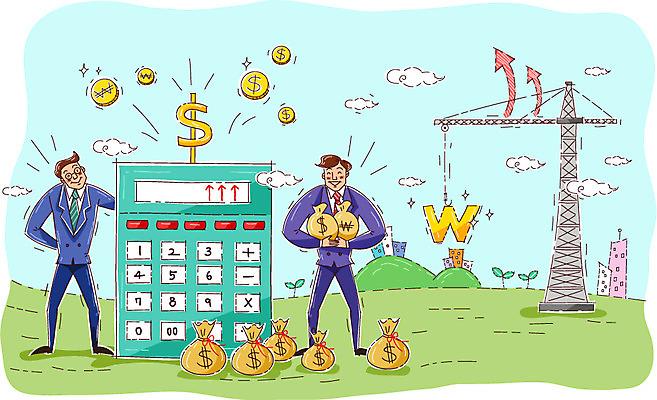 주간 남자 돈 일러스트 회사 비즈니스 사람 정장 성인 야외 두명 경제 달러 기계 계산기 직장인 비즈니스맨 화폐기호 작업실 돈자루 주머니 직원 기중기 이익 수익 남자만 성인남자만 성인만 국내일러스트 AI파일 자연요소 직업 기호 옷 문구용품 장비 중장비 재산 화폐 파일형식 벡터