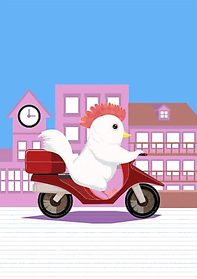 주간 PSD 동물 한마리 일러스트 사람없음 야외 건물 가축 오토바이 닭 배송 국내일러스트 자연요소 1 건축물 조류 바이크 파일형식