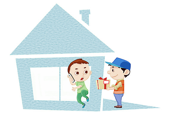 전신 PSD 남자 일러스트 주택 서기 사람 성인 두명 스마트폰 상자 배달원 배송 택배 주문 남자만 성인남자만 성인만 국내일러스트 직업 모션 건물 핸드폰 스마트기기 운송업 파일형식