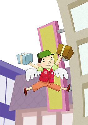 PSD 남자 날개 일러스트 한명 들기 사람 빌딩 성인 건물 상자 배달원 배송 택배 남자만 남자한명만 성인남자만 성인만 국내일러스트 직업 1 건축물 모션 운송업 파일형식