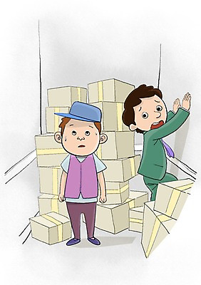 PSD 남자 일러스트 실내 사람 성인 두명 상자 배달원 엘리베이터 가득함 배송 택배 남자만 성인남자만 성인만 국내일러스트 직업 내부 운송업 파일형식