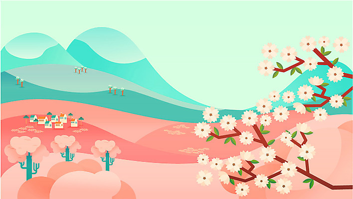 주간 나무 식물 구름 계절 꽃 백그라운드 일러스트 산 따뜻함 풍경 사람없음 야외 마을 봄 벚꽃 벚나무 언덕 봄배경 국내일러스트 AI파일 자연요소 파일형식 벡터