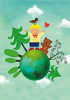 PSD 나무 식물 구름 남자 행복 지구 어린이 일러스트 조류 하늘 한명 사람 세계 장난감 지구본 곰인형 남자만 남자한명만 어린이만 소년만 소년한명만 국내일러스트 자연요소 동물 1 감정 인형 파일형식