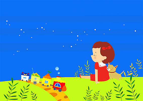PSD 한마리 여자 행복 어린이 일러스트 밤하늘 한명 사람 야외 반려동물 세계 장난감 기차 강아지 야간 여자만 여자한명만 어린이만 소녀만 소녀한명만 국내일러스트 자연요소 동물 1 감정 육상교통 하늘 대중교통 개 파일형식