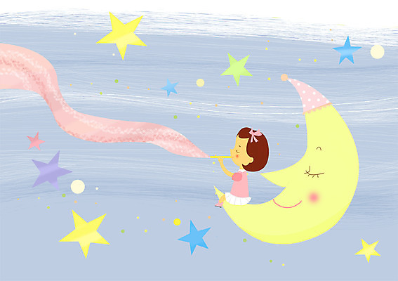 PSD 여자 별 어린이 일러스트 밤하늘 한명 사람 야외 달 야간 불기 피리 여자만 여자한명만 어린이만 소녀만 소녀한명만 국내일러스트 자연요소 1 모션 하늘 목관악기 파일형식