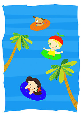 PSD 나무 식물 한마리 여자 남자 어린이 바다 일러스트 물놀이 사람 두명 반려동물 야자수 수영 강아지 튜브 어린이만 국내일러스트 동물 1 놀이 수상스포츠 개 파일형식