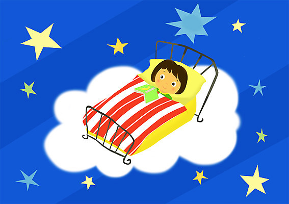 PSD 구름 여자 별 어린이 일러스트 밤하늘 한명 사람 책 이불 침대 여자만 여자한명만 어린이만 소녀만 소녀한명만 국내일러스트 자연요소 1 가구 침구 하늘 야간 파일형식