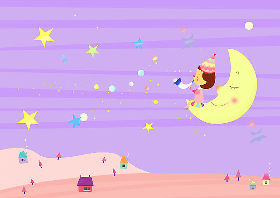 PSD 여자 별 어린이 일러스트 밤하늘 주택 한명 사람 야외 마을 달 피에로 야간 나팔 여자만 여자한명만 어린이만 소녀만 소녀한명만 국내일러스트 자연요소 1 악기 하늘 건물 파일형식