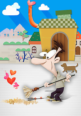 주간 PSD 남자 낙엽 일러스트 거리 주택 한명 사람 성인 야외 마을 강아지 빗자루 청소 남자만 남자한명만 성인남자만 성인만 국내일러스트 자연요소 1 잎 건물 반려동물 개 청소도구 파일형식