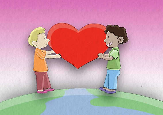 PSD 서양인 외국인 남자 지구 어린이 일러스트 사랑 들기 사람 두명 글로벌 마주보기 하트 남자만 어린이만 소년만 국내일러스트 모양 감정 모션 인종 파일형식