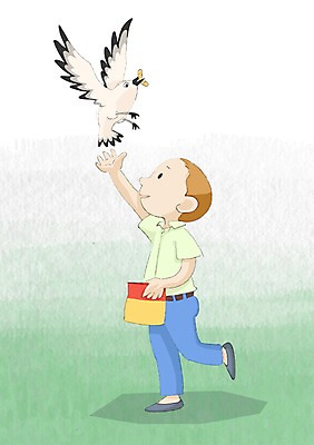 전신 PSD 한마리 남자 어린이 일러스트 갈매기 조류 한명 사람 과자 먹이 먹기 남자만 남자한명만 어린이만 소년만 소년한명만 국내일러스트 동물 1 모션 디저트 파일형식