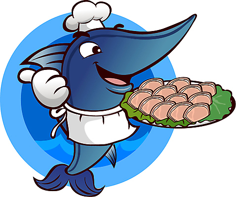 접시 일러스트 홍보캐릭터 요리사모자 들기 사람없음 파란색 앞치마 생선회 회 최고 참치 해산물 음식점캐릭터 횟집 일러캐릭터 AI파일 캐릭터 모자_잡화 식기 음식 컬러 모션 어류 식당 요리사 파일형식 벡터