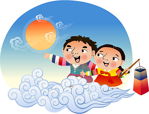 구름 한국문화 한국전통 여자 남자 어린이 일러스트 전통캐릭터 근하신년 새해 사람 두명 태양 전통의상 한복 청사초롱 어린이만 일러캐릭터 AI파일 자연요소 캐릭터 동양문화 전통 한국 초롱 파일형식 벡터