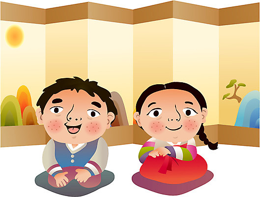 한국문화 한국전통 여자 남자 어린이 일러스트 전통캐릭터 근하신년 새해 방석 사람 두명 절 전통의상 한복 병풍 어린이만 일러캐릭터 AI파일 캐릭터 동양문화 전통 한국 인사 파일형식 벡터