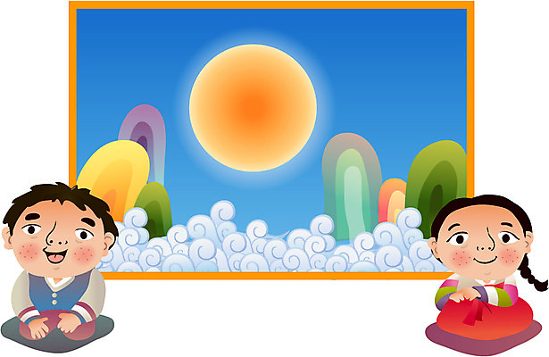 한국문화 한국전통 여자 남자 어린이 일러스트 전통캐릭터 새해 산 프레임 방석 사람 풍경 두명 태양 전통의상 한복 어린이만 전통프레임 일러캐릭터 AI파일 자연요소 캐릭터 동양문화 전통 한국 파일형식 벡터